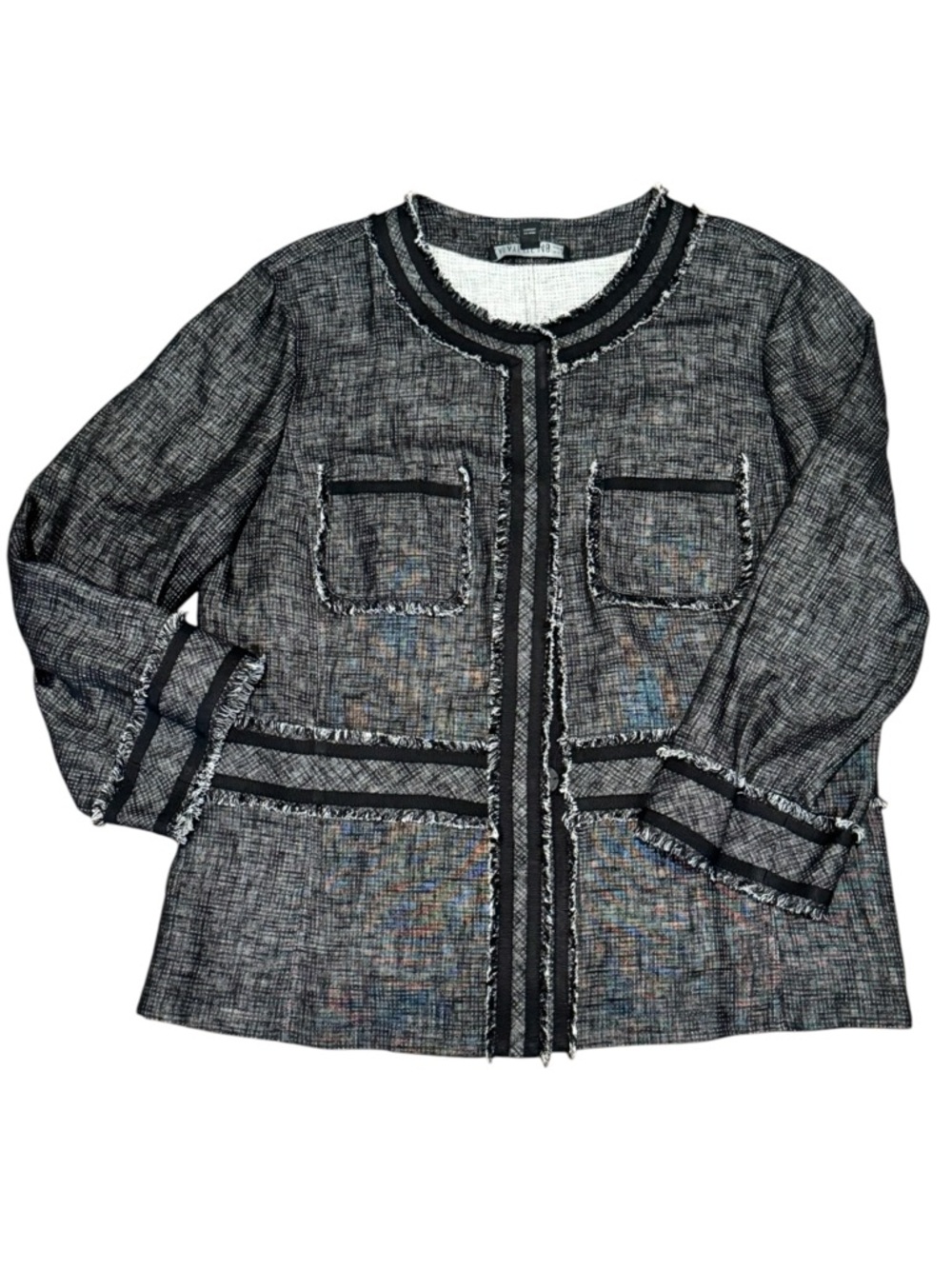 Lafayette 148 Jacket Black Collarless Fringe Linen 14 - Picture 6 of 10